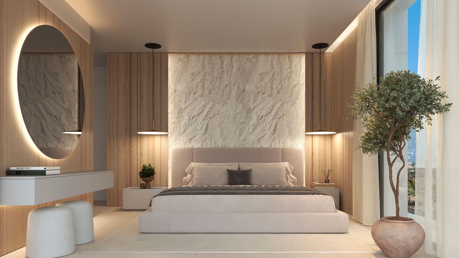 Chambre moderne dans des tons neutres, balcon et grand miroir