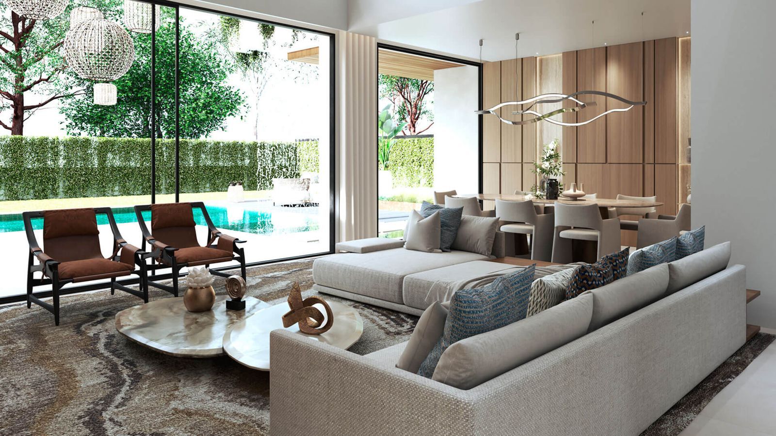 Salon moderne avec vue sur piscine et jardin