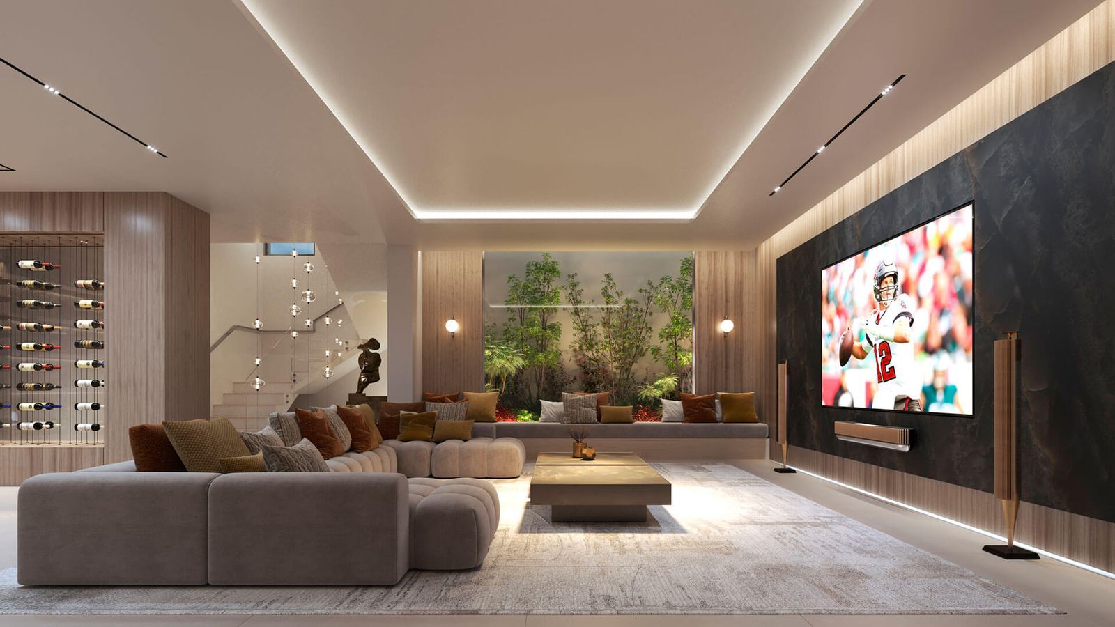 Salon moderne avec cinéma maison et cave à vin